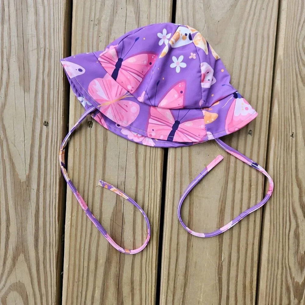 Baby Girl Butterfly Print One Piece Swimsuit & Hat Set 12-18M Ruffle Purple